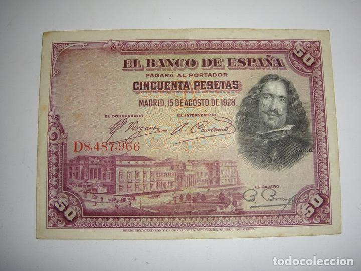 Billetes espa&ntilde;oles: 50 Pesetas. Velazquez. 1928. Serie D