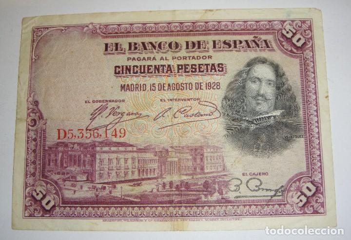 Billetes espa&ntilde;oles: 50 Pesetas. Velazquez. 1928. Serie D.