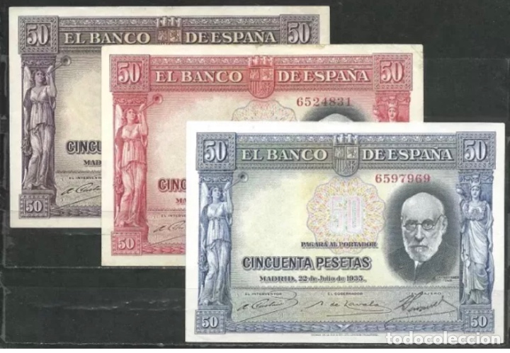 Banconote spagnole: LOTE 3 BILLETES 1935 SPECIMEN ROJO , AZUL, LILA Muy Raros