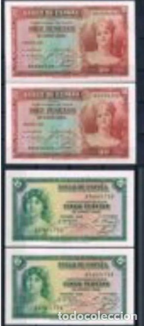 Notas espanholas: Lote 2 Parejas 5,10 Pesetas Correlativas 1935 Plancha Lujo