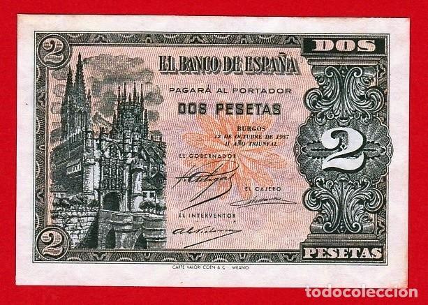 Spanische Banknoten: 2 Pesetas, 1937 ''Burgos'' Serie B, SC, Raro