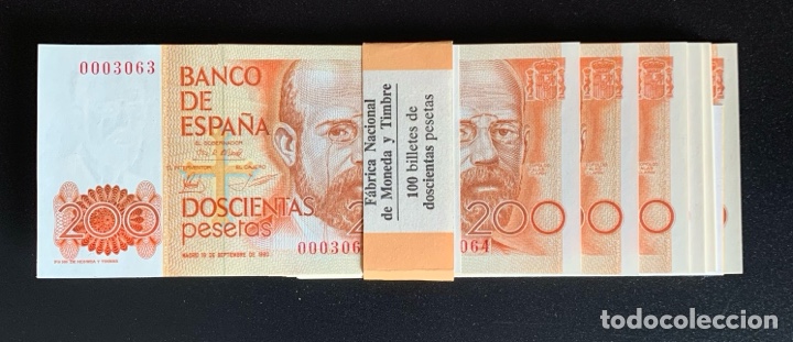 Spanish Banknotes: Sin serie Pareja 200 pesetas 1980 N&uacute;mero baj&iacute;simo de paquete plancha lujo