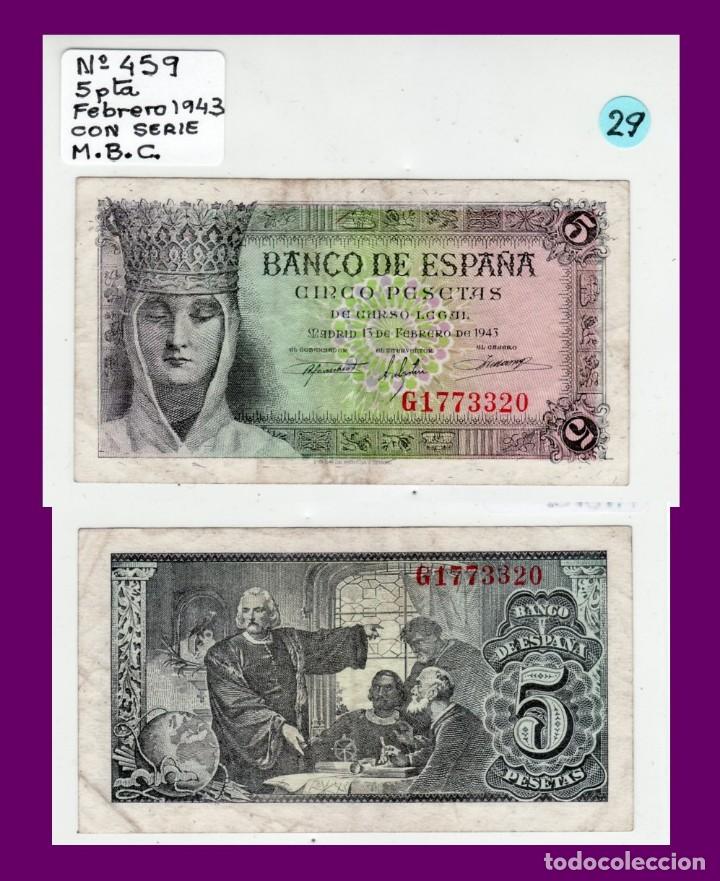 Billetes espa&ntilde;oles: BILLETES ESTADO ESPA&Ntilde;OL 5 PTA.1943 N&ordm; 459 CON SERIE. M.B.C.