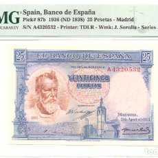 Billetes españoles: 25 PESETAS DE 1936 MUY ESCASO ASI CERTIFICADO PMG 65 EPQ. Lote 340944558
