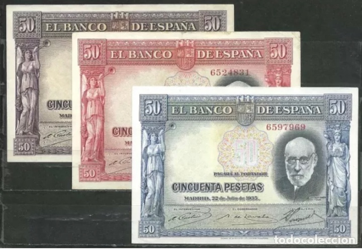 Banconote spagnole: LOTE 3 BILLETES 1935 SPECIMEN ROJO , AZUL, LILA Muy Raros