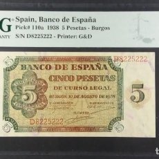Billetes españoles: 5 PESETAS 1938 SERIE D PMG 66 EPQ SC CERTIFICADO