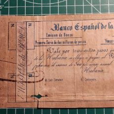 Billetes españoles: BONO BANCO ESPAÑOL DE LA HABANA CUBA PRIMERA SERIE AÑO 1860 APROX 300 PESOS ÉPOCA COLONIAL ESPAÑA. Lote 345134248