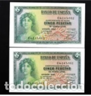 Banconote spagnole: Republica espa&ntilde;ola. Pareja correlativa 5 Pesetas 1935 plancha lujo