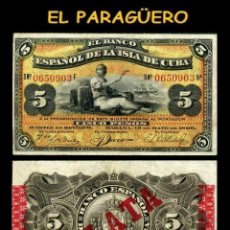 Billetes españoles: CUBA BILLETE CLASICO DE 5 PESOS SERIE0650903 AÑO 1896 BANCO DE ESPAÑA EN CUBA BILLETE AUTENTICO. Lote 348197088