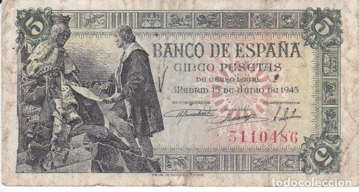 Billetes espa&ntilde;oles: BILLETE DE 5 PESETAS DEL A&Ntilde;O 1945 DE ISABEL LA CATOLICA Y CRISTOBAL COLON SIN SERIE