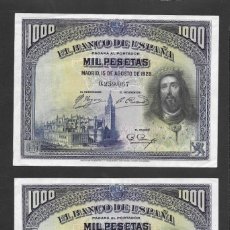 Billetes españoles: PAREJA CORRELATIVA 1000 PESETAS 1928 SIN SERIE EBC/EBC+. Lote 356565700