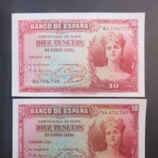 Billetes españoles: LOTE DE 2 BILLETES DE 10 PESETAS.CERTIFICADO DE PLATA.1935. SERIES A Y B. SIN CIRCULAR.