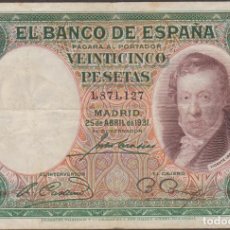 Notas espanholas: BILLETES ESPAÑOLES - II REPUBLICA - 25 PESETAS 1931 - SIN SERIE (BC+). Lote 360345835