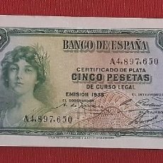 Billetes españoles: 2ª REPÚBLICA ESPAÑOLA, 5 PESETAS 1935. SERIE A.. Lote 362370105