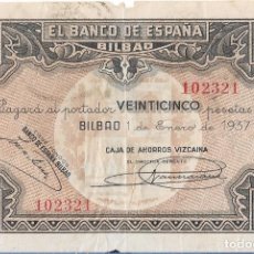 Billetes españoles: BILLETE 25 PESETAS BILBAO - CAJA DE AHORROS VIZCAINA 102321 01-01-1937. Lote 363158960