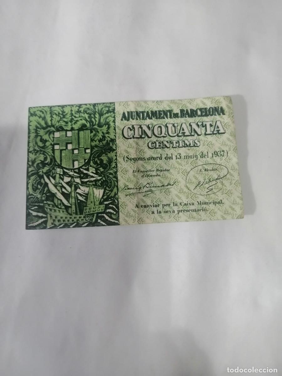 Billetes espa&ntilde;oles: BILLETE CINQUANTA CENTIMS SERIE B, AJUNTAMENT DE BARCELONA 1937.