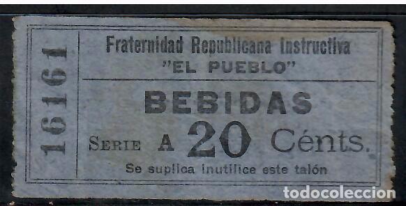 Banconote spagnole: VALE FRATERNIDAD REPUBLICANA INSTRUCTIVA EL PUEBLO BEBIDAS 20 CTS