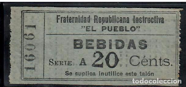Banconote spagnole: VALE FRATERNIDAD REPUBLICANA INSTRUCTIVA EL PUEBLO BEBIDAS 20 CTS