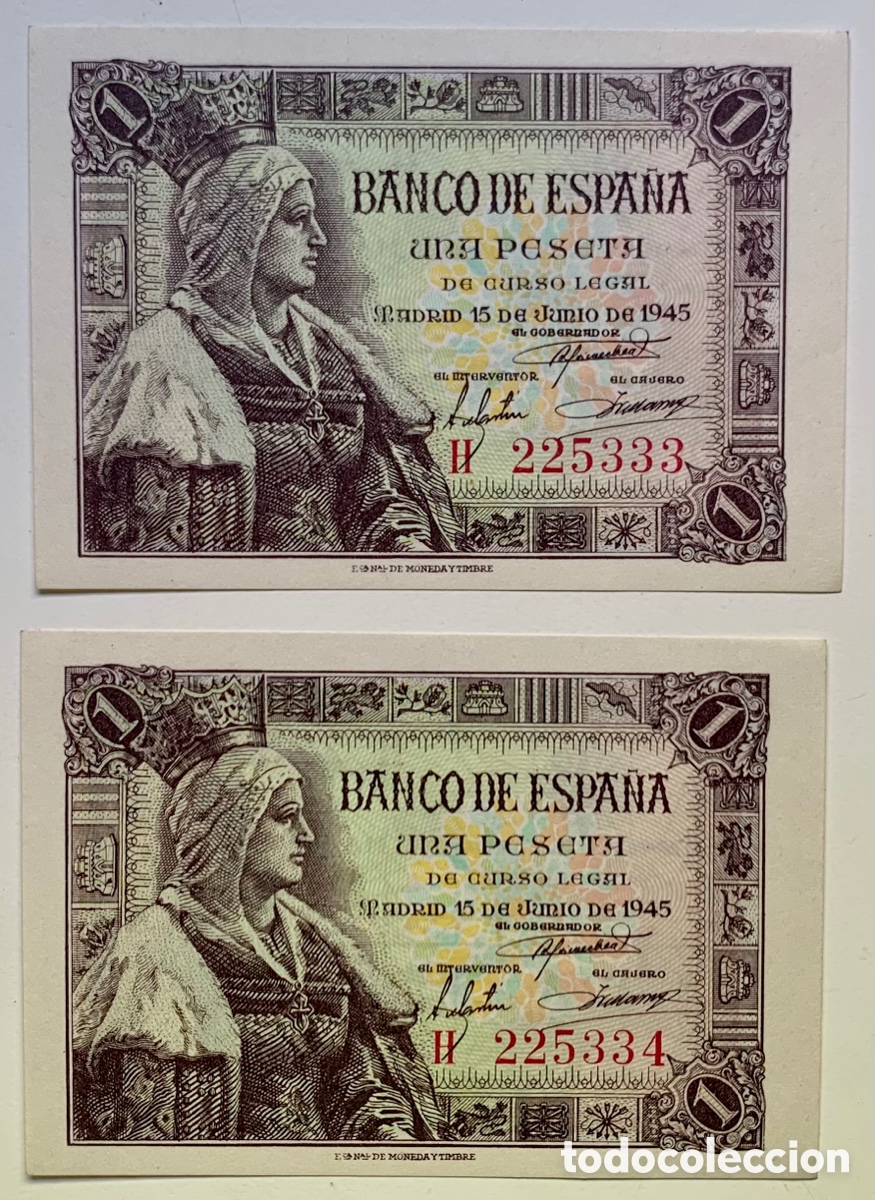 Spanische Banknoten: Billete 1 peseta 1945 SC posibilidad pareja correlativa