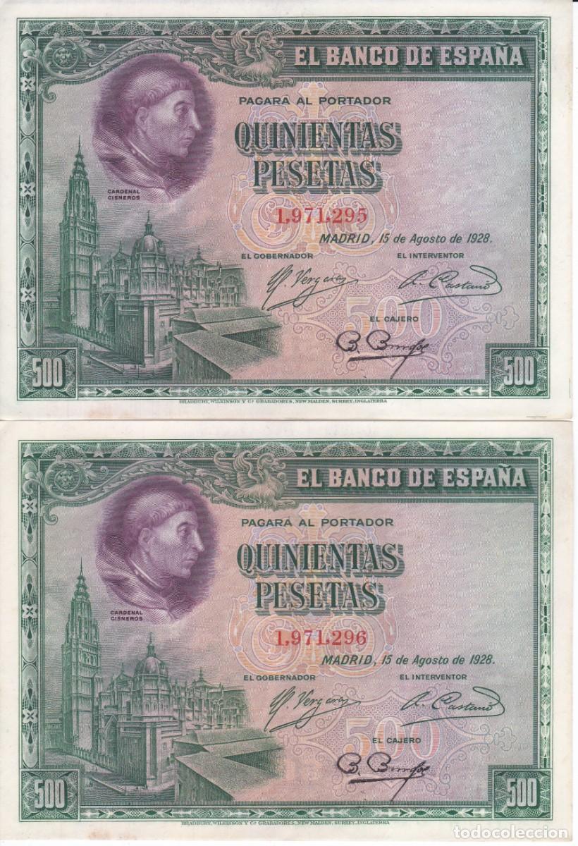 Spanish Banknotes: PAREJA CORRELATIVA DE 500 PESETAS DEL A&Ntilde;O 1928 DEL CARDENAL CISNEROS EN CALIDAD EBC