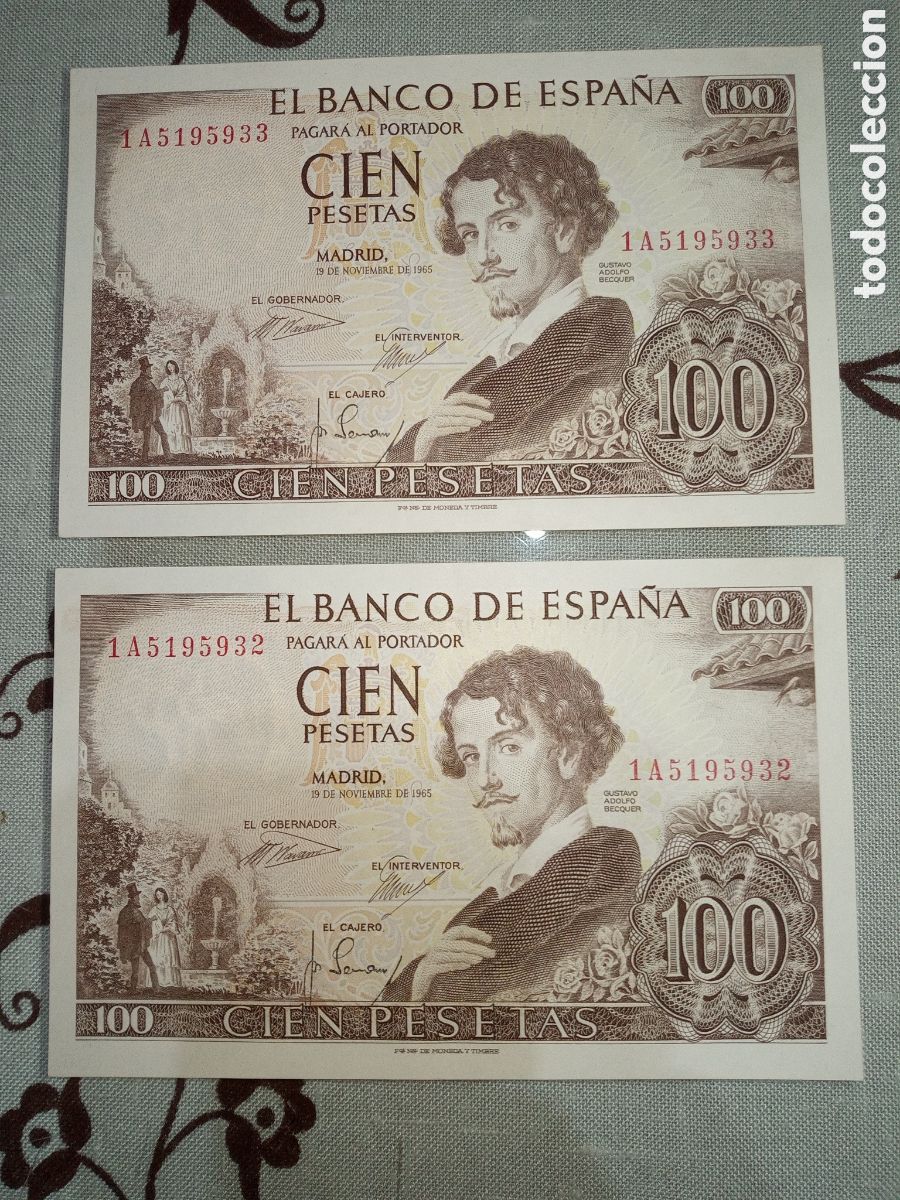Billetes espa&ntilde;oles: 100 PESETAS BILLETES CORRELATIVOS B&Eacute;CQUER SERIE 1A