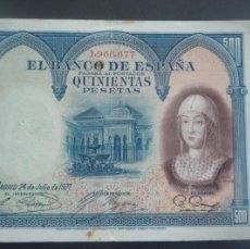 Billetes españoles: ESPAÑA 500 PESETAS 24 DE JULIO DE 1927. ISABEL LA CATOLICA. MBC.