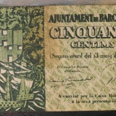 Billetes españoles: BILLETE DE CINCUENTA CENTIMOS AYUNTAMIENTO DE BARCELONA 13-5-1937. Lote 375812594