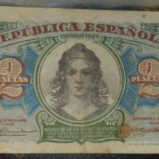 Billetes españoles: DOS PESETAS REPÚBLICA ESPAÑOLA, SERIE A, 1938. Lote 375956184