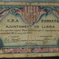 Billetes españoles: UNA PESSETA AJUNTAMENT DE LLEIDA SIN SERIE, 1937. Lote 375960059