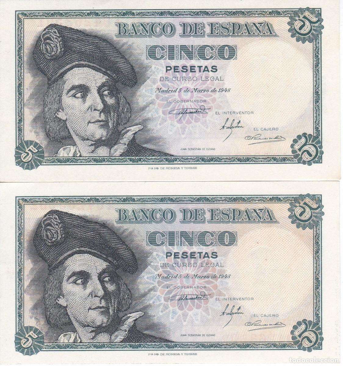 Billetes espa&ntilde;oles: PAREJA CORRELATIVA DE 5 PESETAS DEL A&Ntilde;O 1948 DE ELCANO SERIE A SIN CIRCULAR (SC)