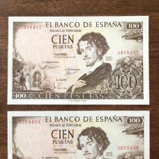 Billetes españoles: PAREJA CORRELATIVA SIN SERIE BILLETE 100 PESETAS. 1965. PLANCHA. GUSTAVO ADOLFO BECQUER.