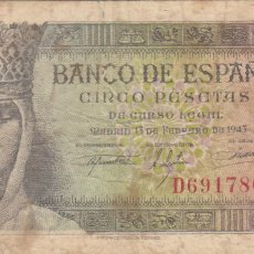 Billetes españoles: BILLETE 5 PESETAS 1943 SERIE D / BANCO DE ESPAÑA -
