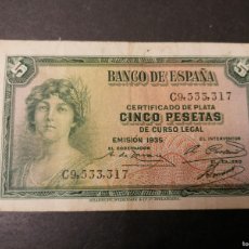 Billetes españoles: BILLETE , 5 PESETAS, ESPAÑA ,1935, MBC , SERIE C. Lote 383022919