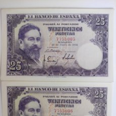 Billetes españoles: ESCASA PAREJA SIN SERIE Y SC, BILLETE 25 PESETAS 1954