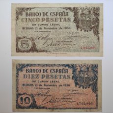 Billetes españoles: RAROS 2 BILLETES DE 5 Y 10 PESETAS DE 1936