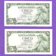 Billetes españoles: PAREJA CORRELATIVA DE 5 PTS 1954 SERIE-T SC. Lote 387838014