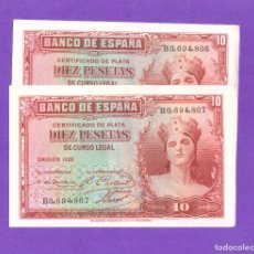 Billetes españoles: PAREJA CORRELATIVA DE 10 PTS 1935 SERIE-B SC. Lote 387838089