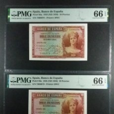 Billetes españoles: 10 PESETAS 1935 SIN SERIE PMG 66/66 EPQ PAREJA CORRELATIVA SIN CIRCULAR