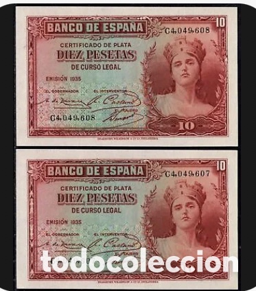 Billetes espa&ntilde;oles: Billete. Ed:364a(2).10 Pesetas.1935.2 Billetes.Numeraci&oacute;n consecutiva.Serie C.SC