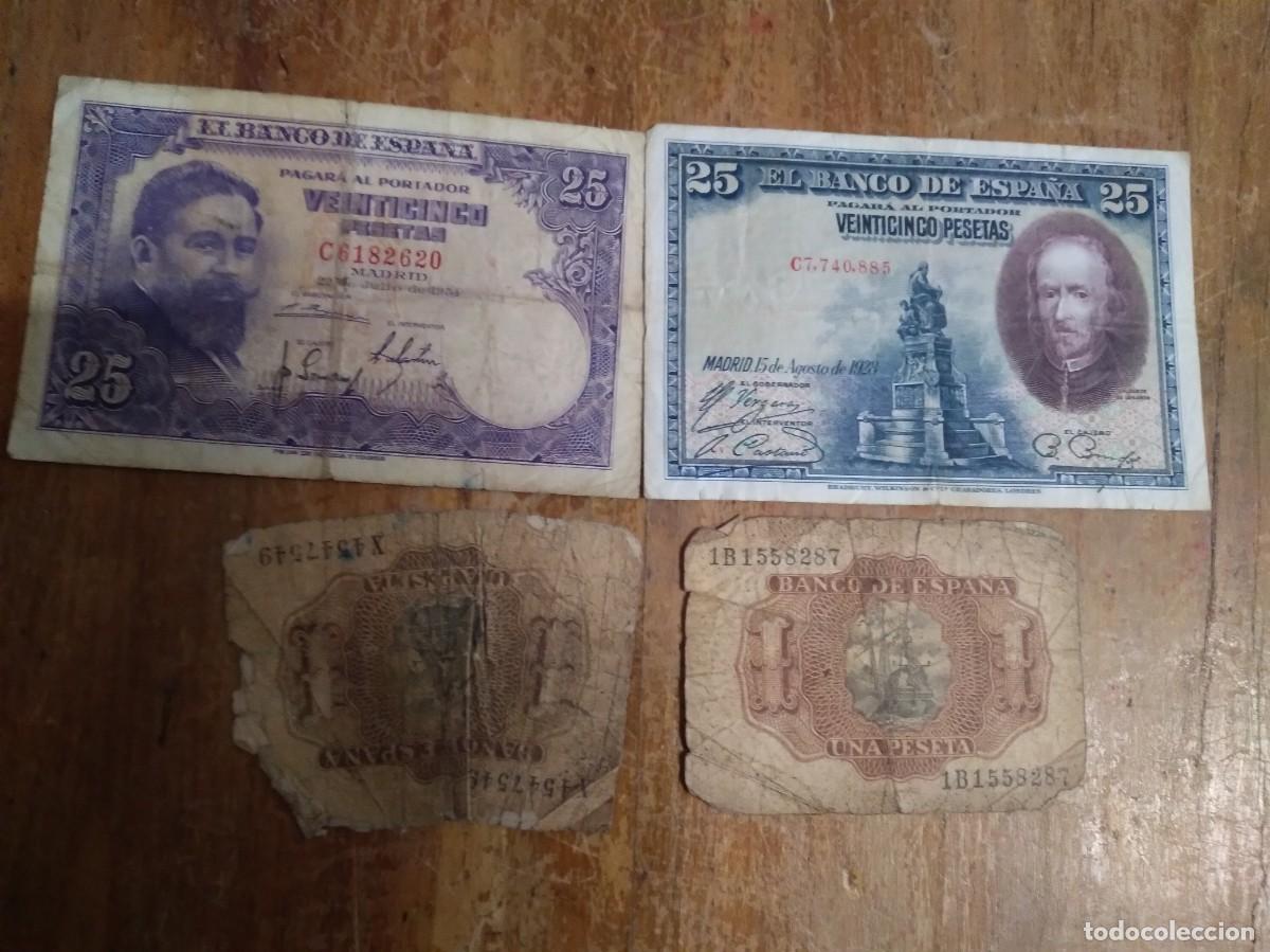Billetes espa&ntilde;oles: Lote 4 Antiguos Billetes-Espa&ntilde;a-2 de 1 Pesetas/2 de 25 Pesetas-
