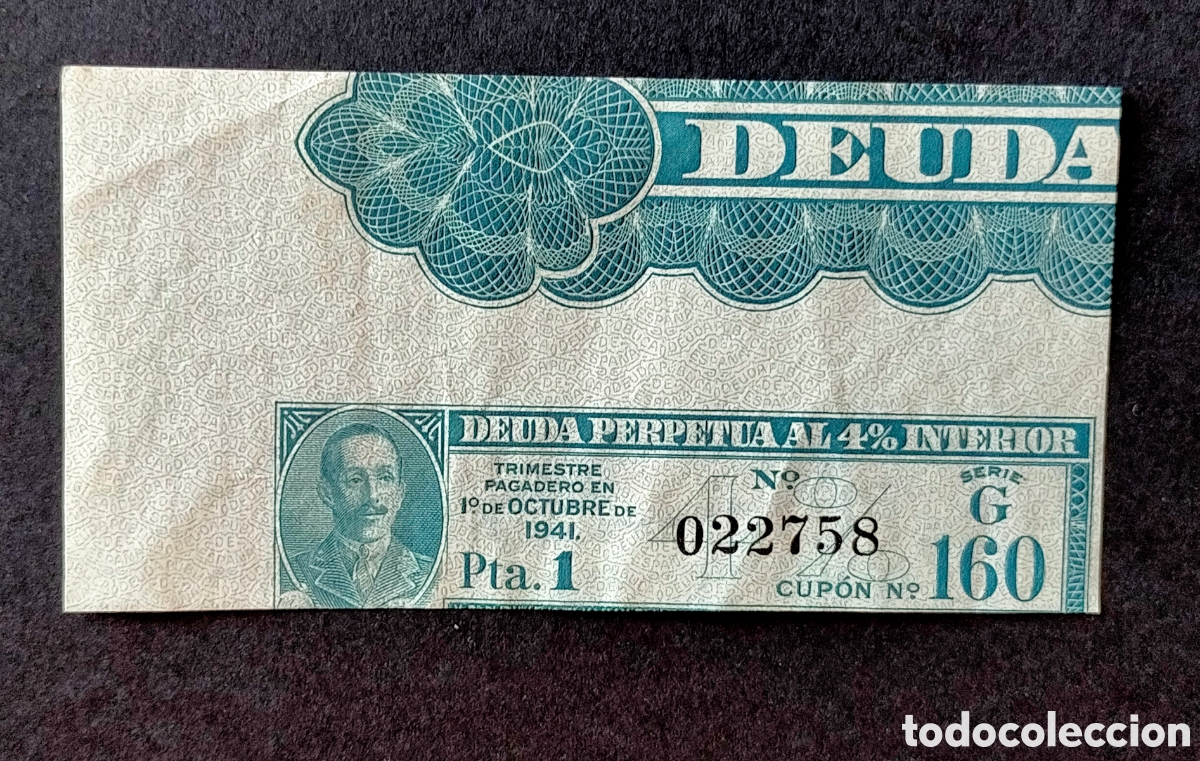 Billetes espa&ntilde;oles: BILLETE CUP&Oacute;N UNA PESETA, DEUDA PERPETUA AL 4% INTERIOR ,1 OCTUBRE 1941, ALFONSO XII. ALF