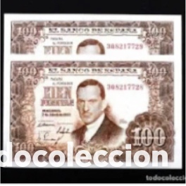 Notas espanholas: Spain-Billetes. Pareja correlativa 100 Pesetas 1953. Escasa