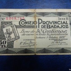 Billetes españoles: BC+ - SERIE B - BILLETE DE 50 CÉNTIMOS DE 1937 - CONSEJO PROVINCIAL DE BADAJOZ. Lote 397232664