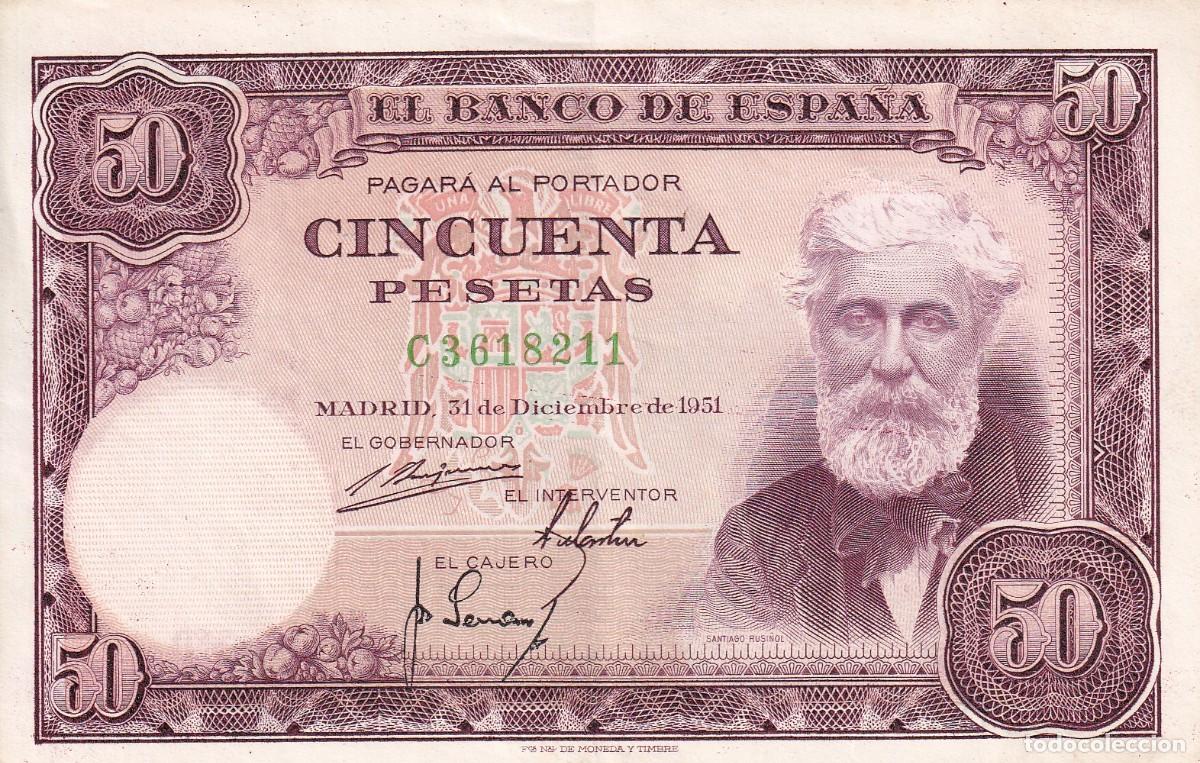 Billetes espa&ntilde;oles: BILLETE DE 50 PESETAS DEL A&Ntilde;O 1951 SANTIAGO RUSI&Ntilde;OL SERIE C EN CALIDAD EBC