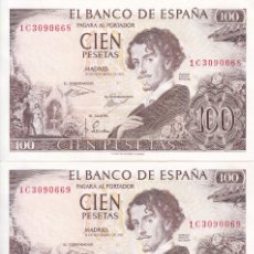 Billetes españoles: PAREJA CORRELATIVA DE 100 PESETAS DEL AÑO 1965 SERIE 1C SIN CIRCULAR (SC) (BECQUER). Lote 397562809