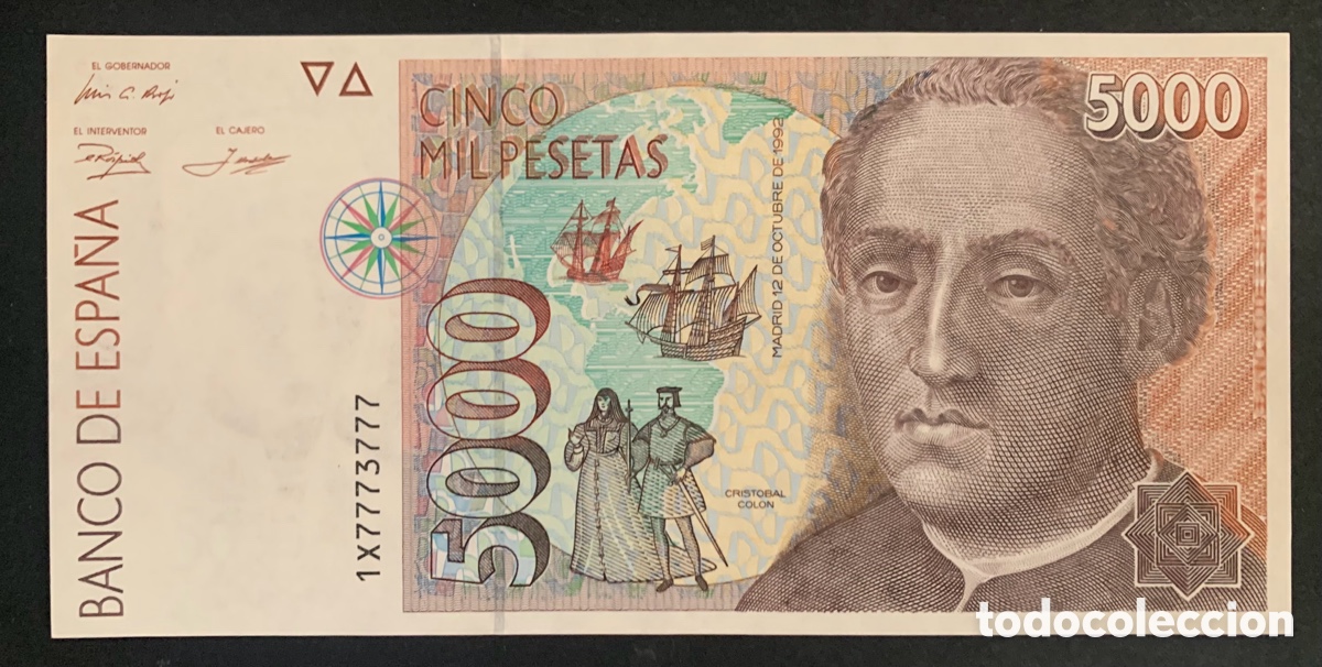 Spanish Banknotes: CMC 5000 PESETAS 12 OCTUBRE 1992 COLON SERIE 1X CAPICUA SC
