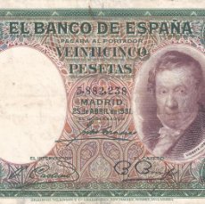 Billetes españoles: BILLETE 25 PESETAS EMITIDO EL 25 DE ABRIL DE 1931. VICENTE LÓPEZ.. Lote 401360589
