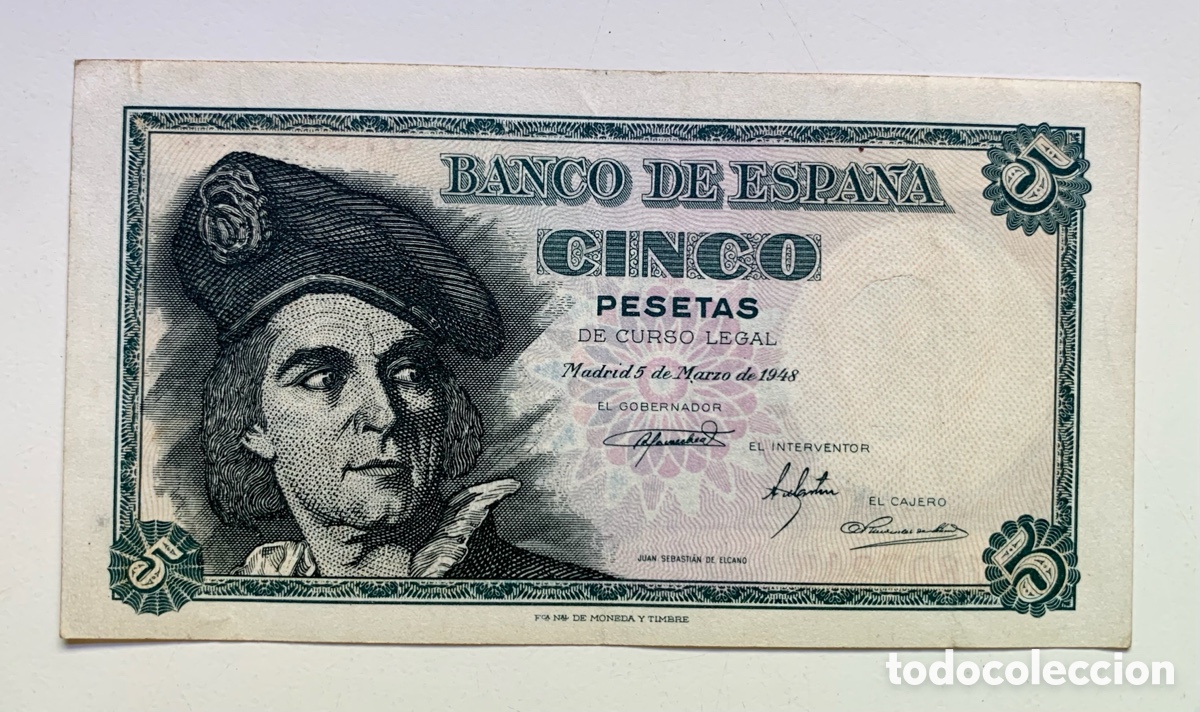 Spanische Banknoten: Billete 5 Pesetas 1948 SIN SERIE . MBC+