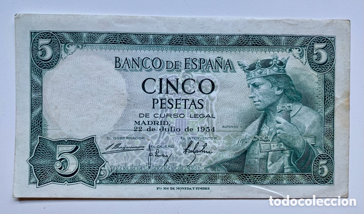 Spanische Banknoten: Billete 5 Pesetas 1954 SIN SERIE. MBC