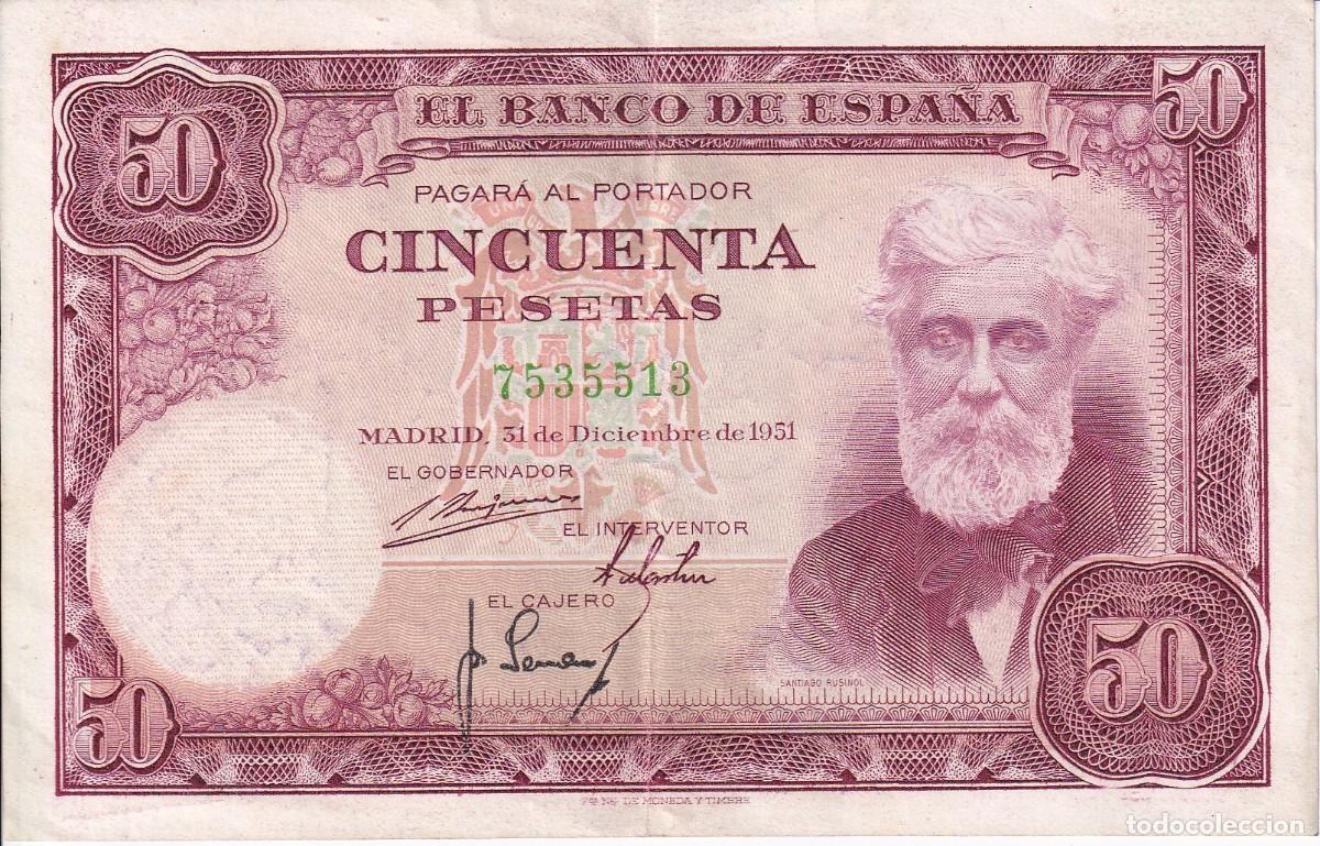 Billetes espa&ntilde;oles: BILLETE DE 50 PESETAS DEL A&Ntilde;O 1951 DE SANTIAGO RUSI&Ntilde;OL SIN SERIE